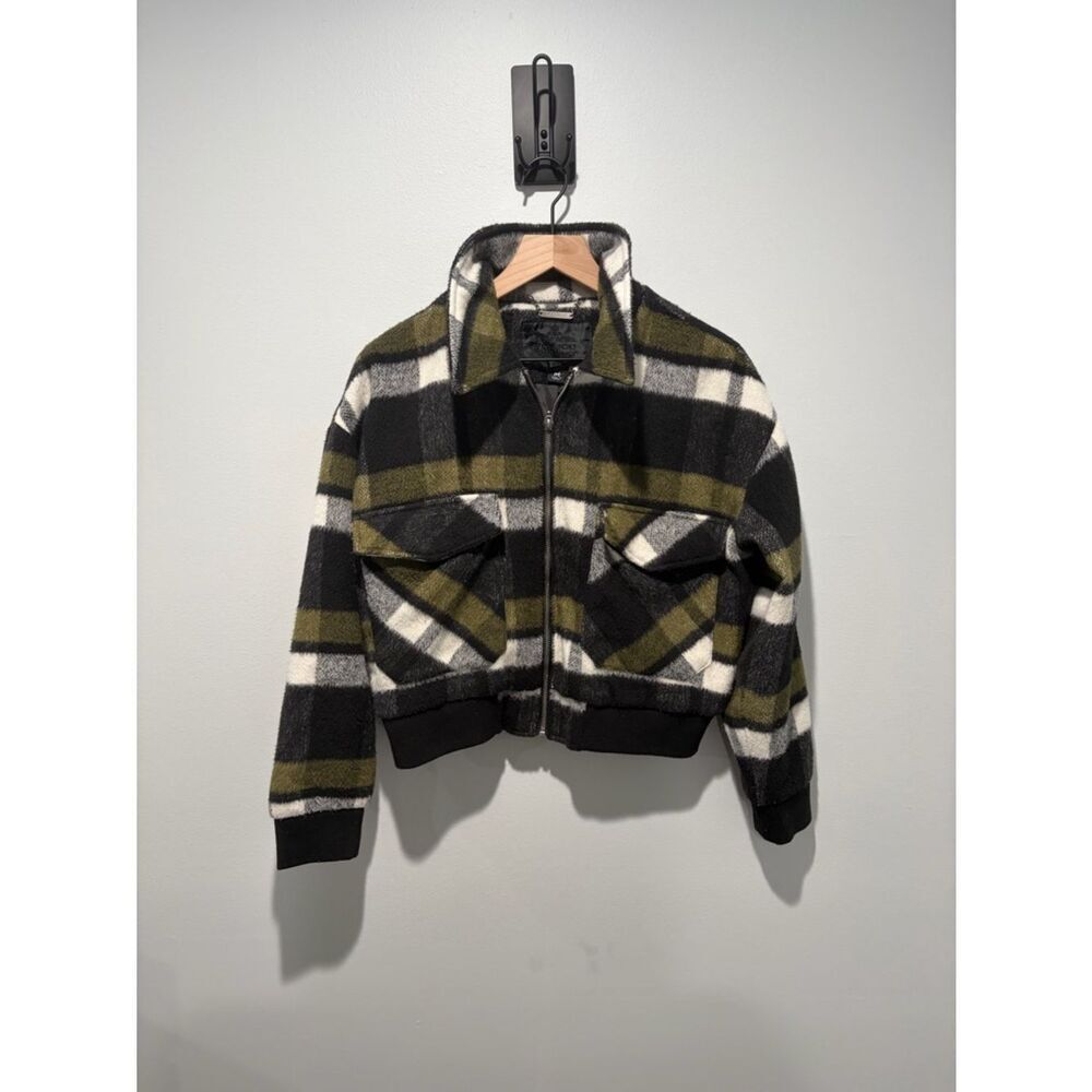 Jou Jou Plaid Zip-Front Women's Bomber Style Jacket - Black & Olive M